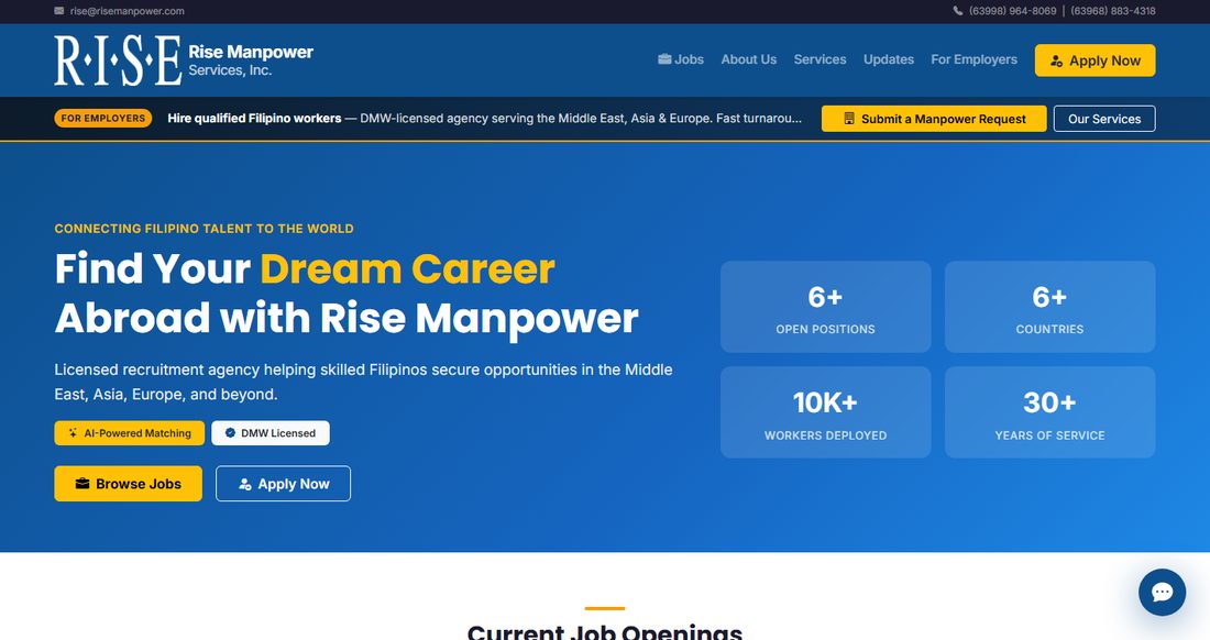 Screenshot of the Rise Manpower Services website